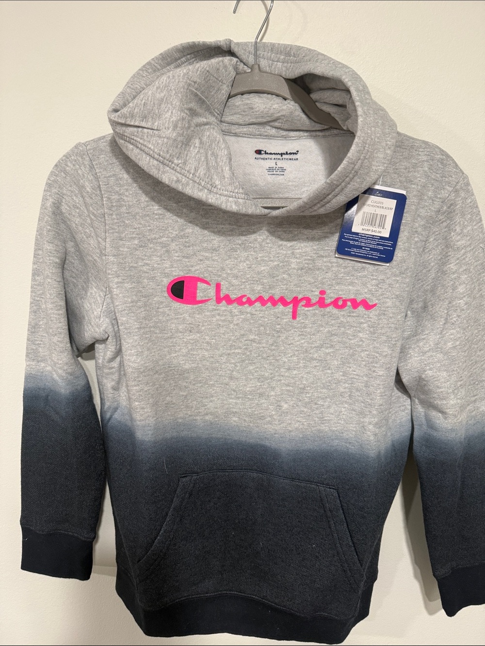 Champion Grey-to-Navy Dip-Dye Hoodie with Pink Logo